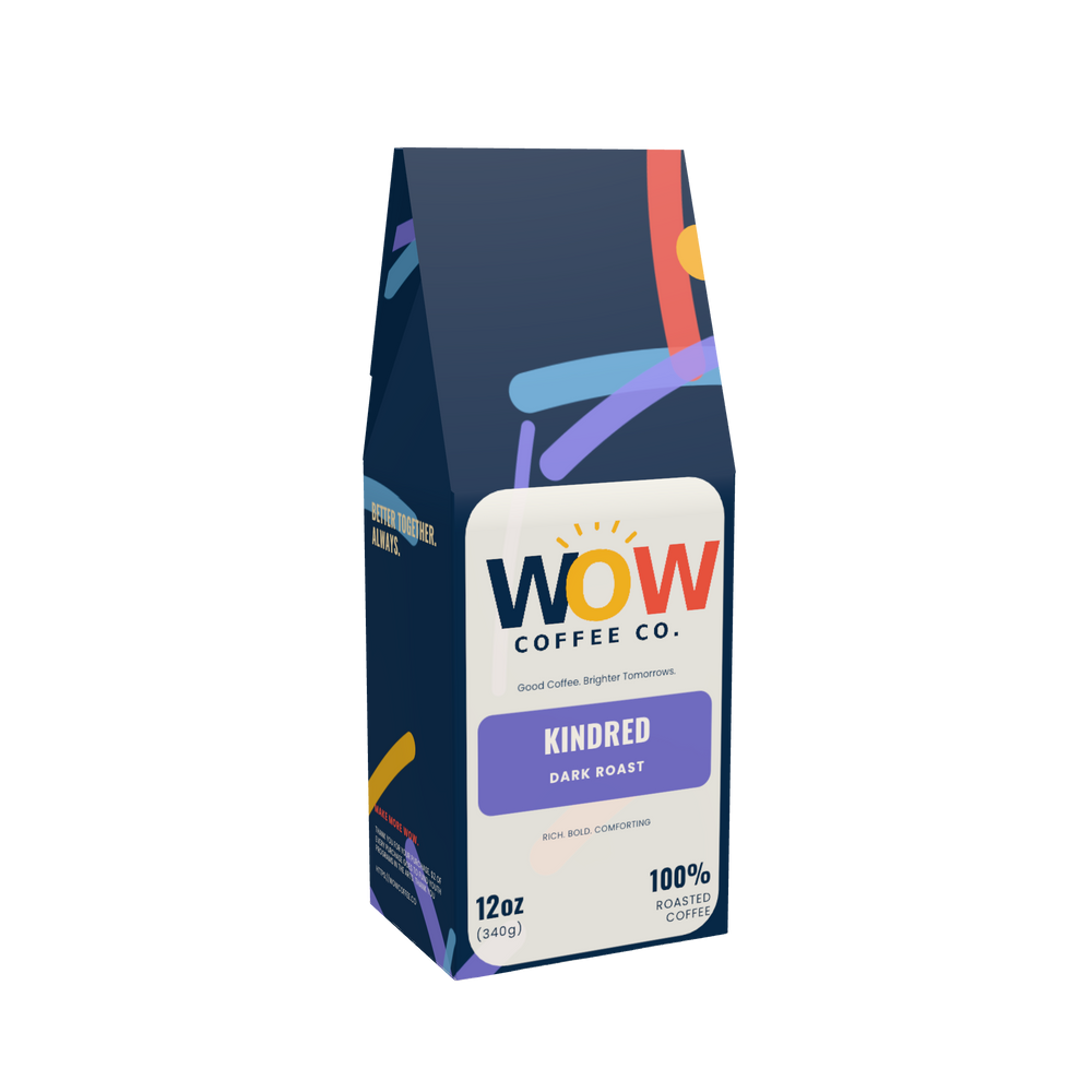 A 12 oz bag of WOW Coffee Co. Kindred Dark Roast coffee, featuring a dark navy blue bag with colorful abstract line accents and a white label on the front.